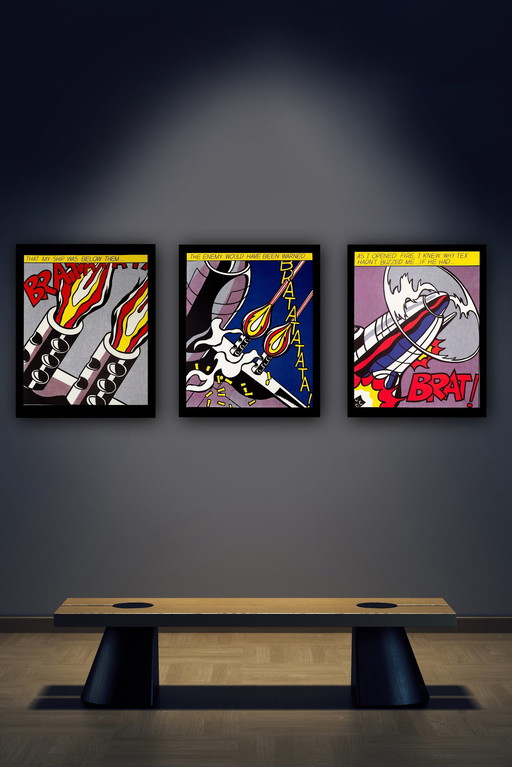 Roy Lichtenstein : "Triptyque, As I Opened Fire". Poster Triptyque de papier très épais en qualité sérigraphique.