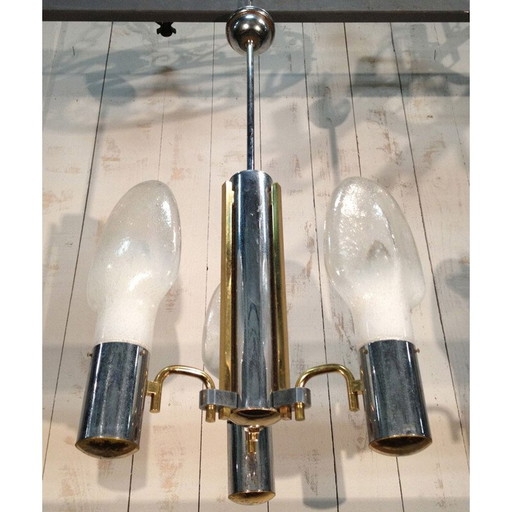 Suspension vintage en chrome, laiton et verre opalin - années 1970