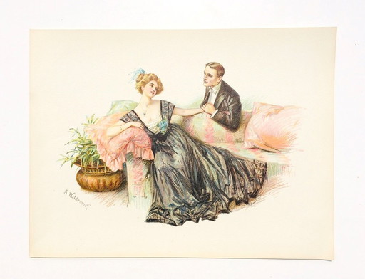 Estampes " Couples galants 1900 " par A. Waldemar Gravure à l'eau-forte