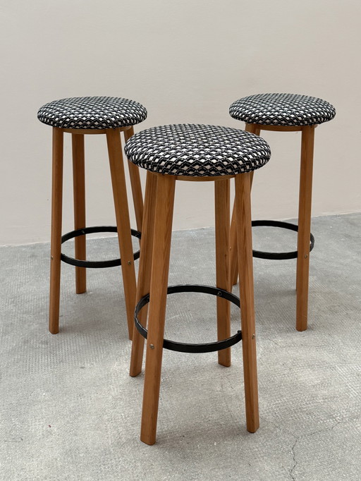 3X Ensemble de tabourets de bar Frêne Bois massif Fer forgé, Allemagne 1970Ers