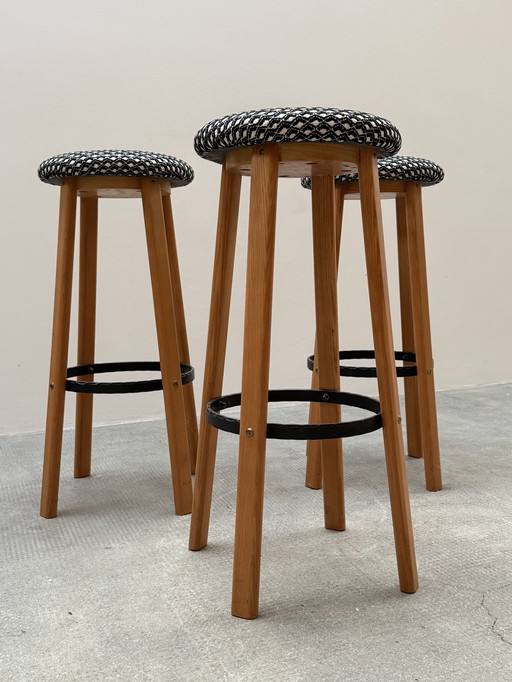 3X Ensemble de tabourets de bar Frêne Bois massif Fer forgé, Allemagne 1970Ers