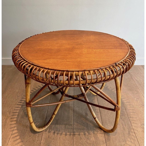 Table basse ronde vintage en rotin par Franco Albini, Italie 1950