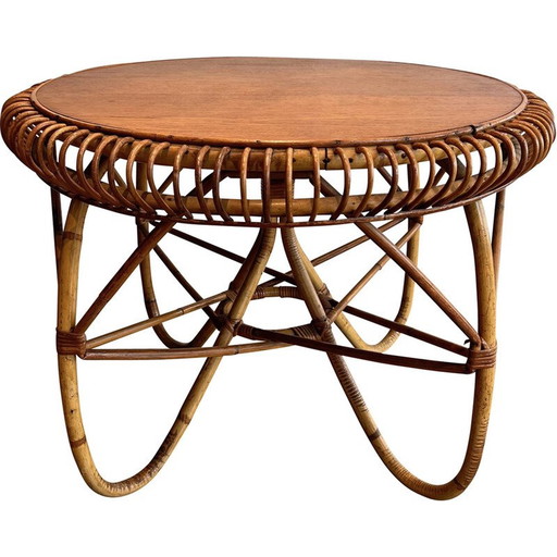 Table basse ronde vintage en rotin par Franco Albini, Italie 1950