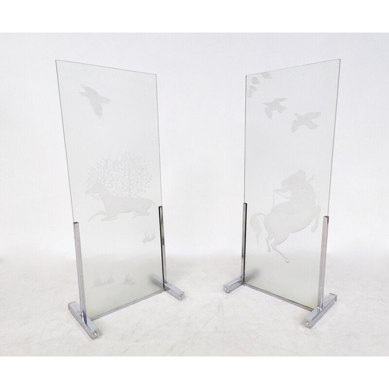 Image 1 of Paire de panneaux en verre gravé du Mid Century, années 1950