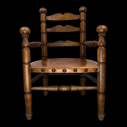 Chaise de campagne française avec assise en cuir