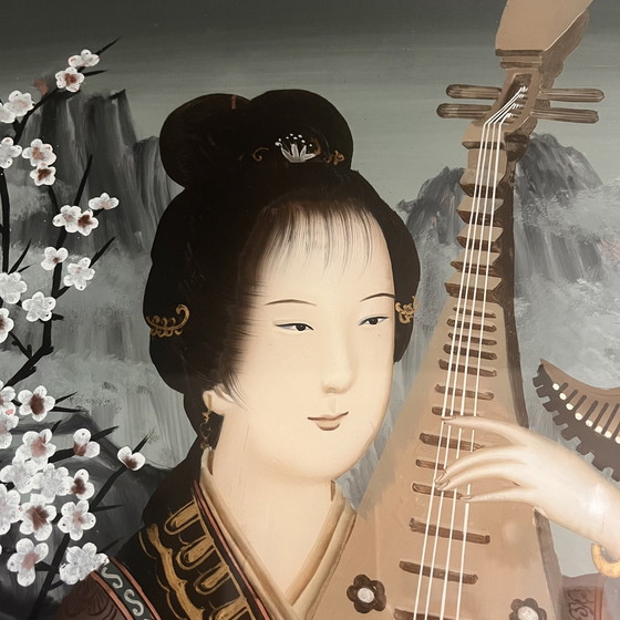 Image 1 of Peinture chinoise 'Back Glass' Eglomisé Femme Vintage avec Luth Vers 1900
