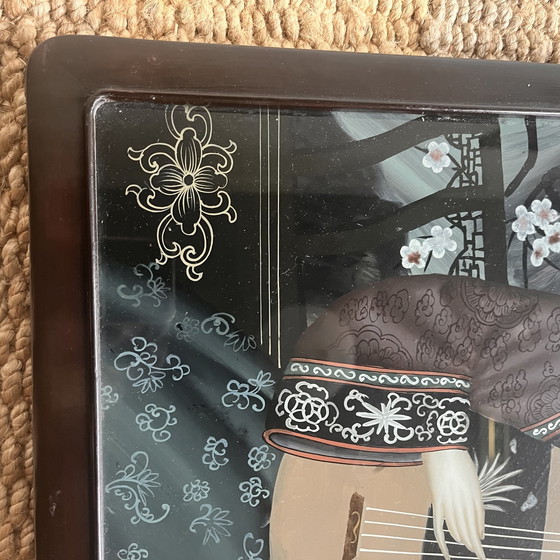 Image 1 of Peinture chinoise 'Back Glass' Eglomisé Femme Vintage avec Luth Vers 1900