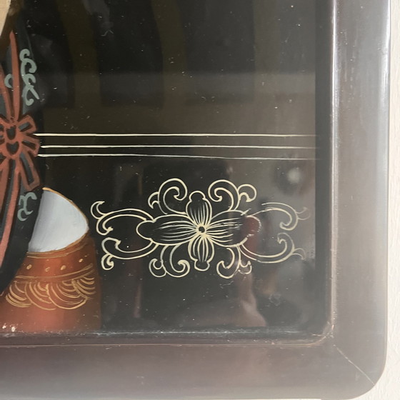 Image 1 of Peinture chinoise 'Back Glass' Eglomisé Femme Vintage avec Luth Vers 1900