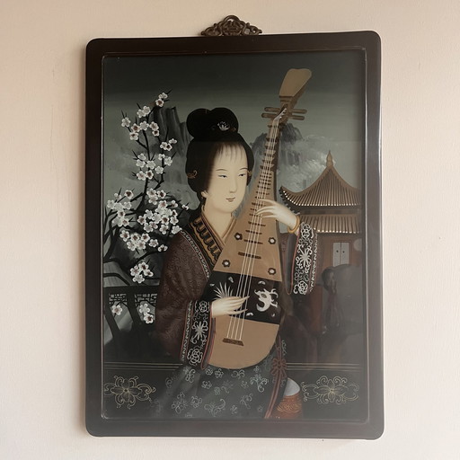 Peinture chinoise 'Back Glass' Eglomisé Femme Vintage avec Luth Vers 1900
