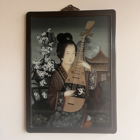 Image 1 of Peinture chinoise 'Back Glass' Eglomisé Femme Vintage avec Luth Vers 1900