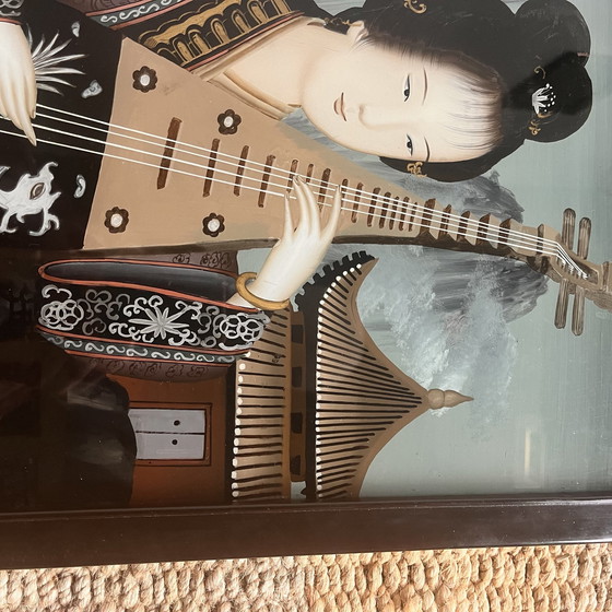 Image 1 of Peinture chinoise 'Back Glass' Eglomisé Femme Vintage avec Luth Vers 1900