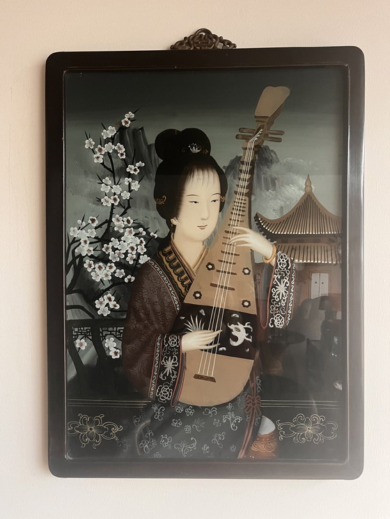 Image 1 of Peinture chinoise 'Back Glass' Eglomisé Femme Vintage avec Luth Vers 1900