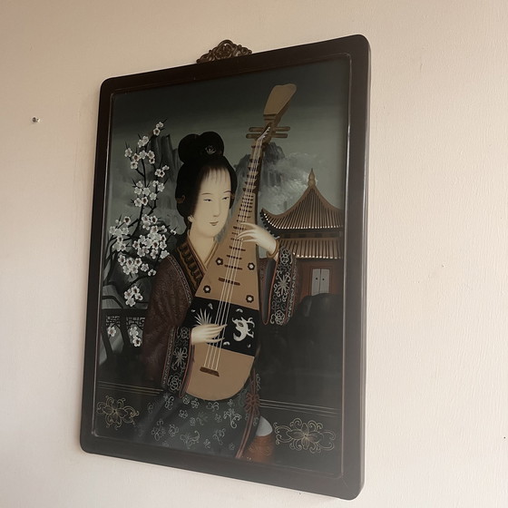 Image 1 of Peinture chinoise 'Back Glass' Eglomisé Femme Vintage avec Luth Vers 1900