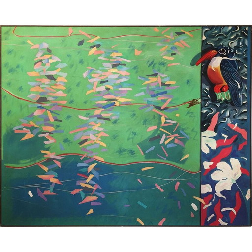 Peinture à l'huile vintage sur toile "kingfisher kotillion" par Richard Frank, 1980