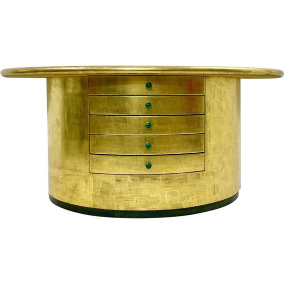 Image 1 of Console vintage en demi-lune avec tiroirs en feuille d'or et poignées en malachite, 1980