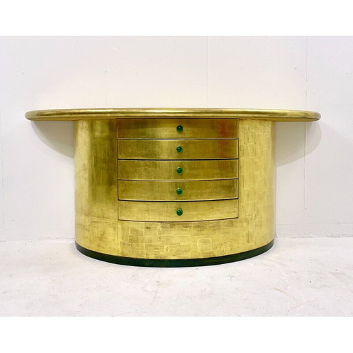 Console vintage en demi-lune avec tiroirs en feuille d'or et poignées en malachite, 1980
