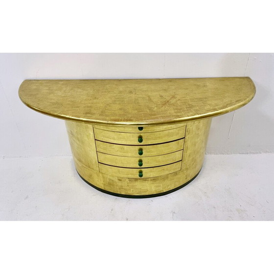 Image 1 of Console vintage en demi-lune avec tiroirs en feuille d'or et poignées en malachite, 1980