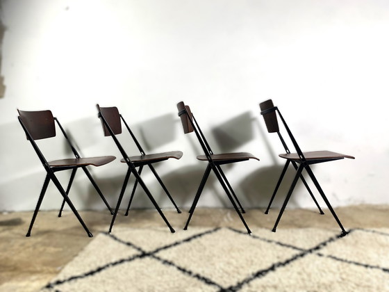 Image 1 of Pyramide Chairs By Wim Rietveld Set Of 4, Industrial Mid Century (Chaises Pyramide par Wim Rietveld)