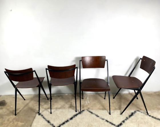 Image 1 of Pyramide Chairs By Wim Rietveld Set Of 4, Industrial Mid Century (Chaises Pyramide par Wim Rietveld)