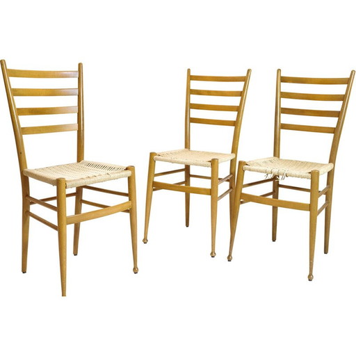 Ensemble de 3 chaises vintage en bois et corde, Italie 1950