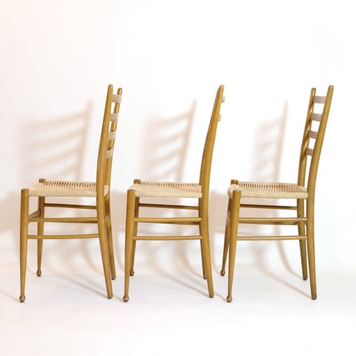 Ensemble de 3 chaises vintage en bois et corde, Italie 1950