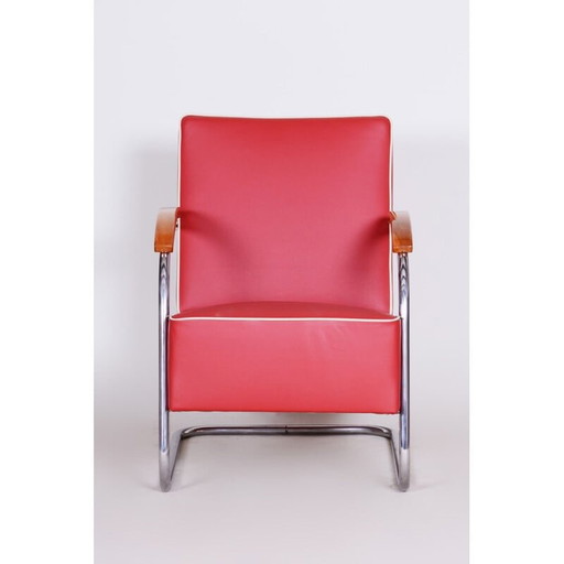Fauteuil vintage en cuir rouge de Mucke Melder, Tchécoslovaquie, années 1930