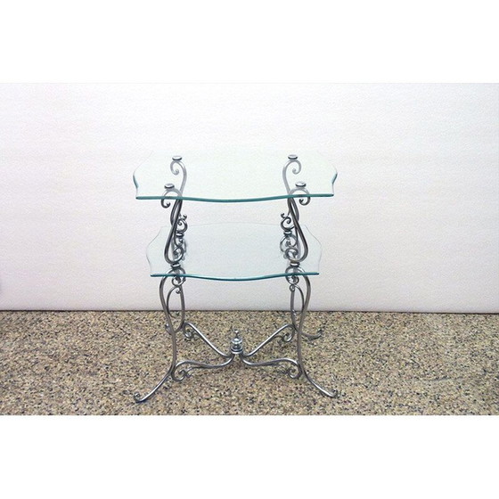 Image 1 of Table basse vintage à deux niveaux en laiton chromé et cristal, Italie 1950