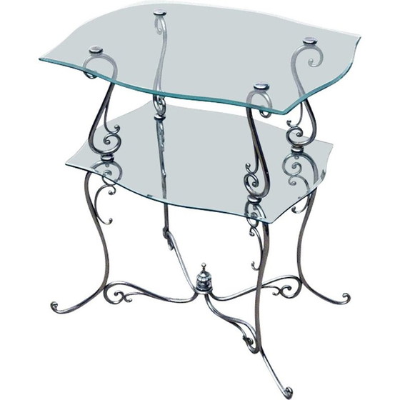 Image 1 of Table basse vintage à deux niveaux en laiton chromé et cristal, Italie 1950