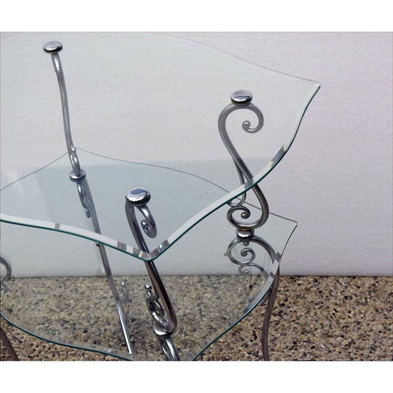 Image 1 of Table basse vintage à deux niveaux en laiton chromé et cristal, Italie 1950