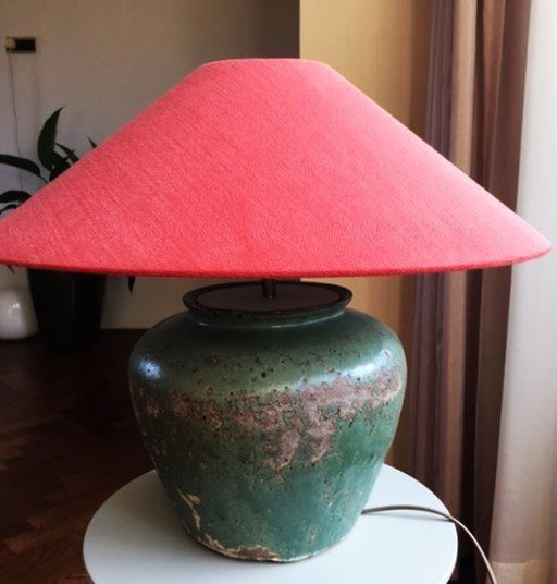 Authentique lampe japonaise en forme de pot de gingembre avec abat-jour en lin