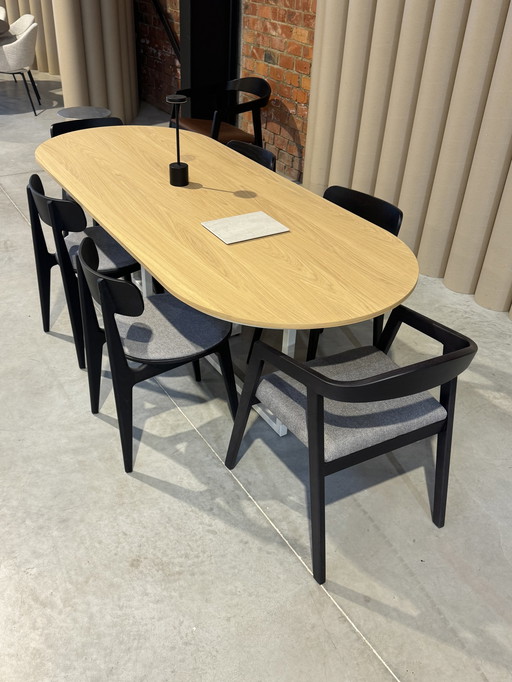 Table de salle à manger en bois 220X90 Cm - Bois Naturel Avec Base Crème