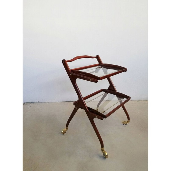 Image 1 of Chariot de bar vintage en bois avec plateaux coulissants par Cesare Lacca, 1950