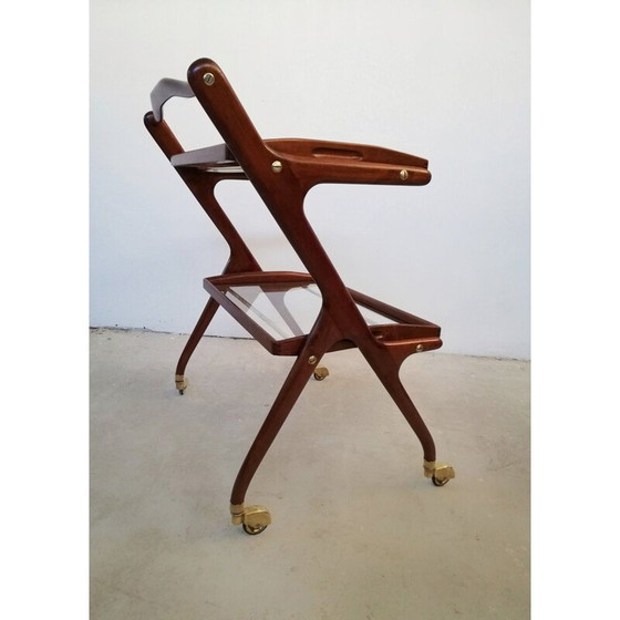 Image 1 of Chariot de bar vintage en bois avec plateaux coulissants par Cesare Lacca, 1950