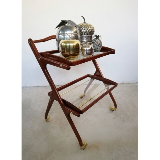 Image 1 of Chariot de bar vintage en bois avec plateaux coulissants par Cesare Lacca, 1950