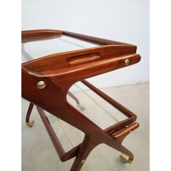 Image 1 of Chariot de bar vintage en bois avec plateaux coulissants par Cesare Lacca, 1950