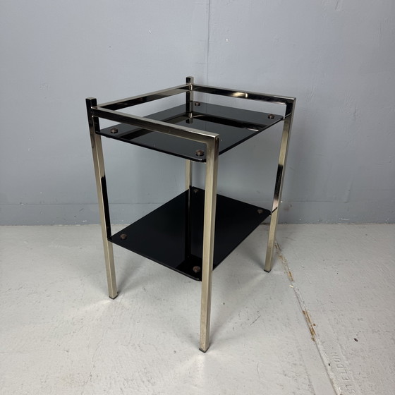 Image 1 of Table d'appoint Mid Century Verre noir/Chrome