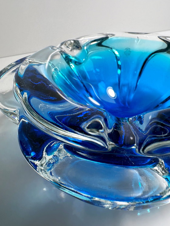Image 1 of Vintage Cendrier Bohème Coupe Cz Verre Bleu Fleur 60Er 70Er Seguso Cobalt