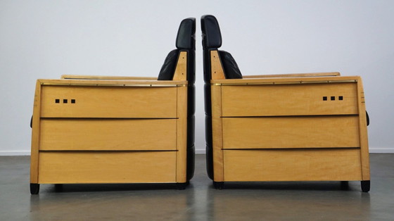 Image 1 of 2 X Fauteuils Schuitema en cuir noir avec bois fabriqués pour la Hollande-Amérique