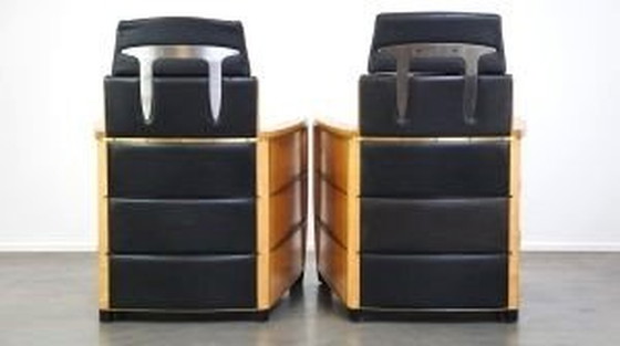 Image 1 of 2 X Fauteuils Schuitema en cuir noir avec bois fabriqués pour la Hollande-Amérique