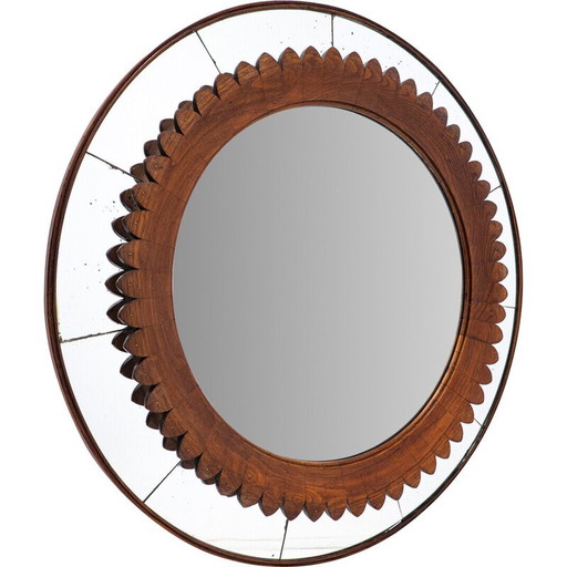 Miroir mural circulaire en noyer du milieu du siècle par Fratelli Marelli, Italie années 1950
