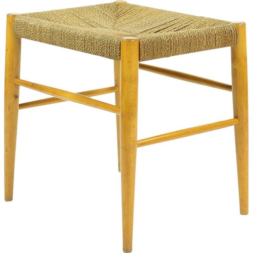 Tabouret du milieu du siècle en bois de chêne et corde, Tchécoslovaquie années 1960