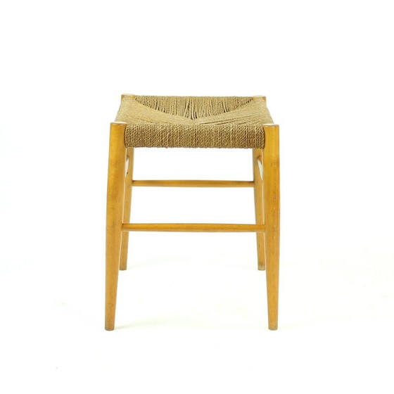 Image 1 of Tabouret du milieu du siècle en bois de chêne et corde, Tchécoslovaquie années 1960