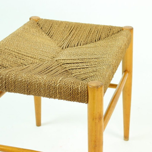 Tabouret du milieu du siècle en bois de chêne et corde, Tchécoslovaquie années 1960