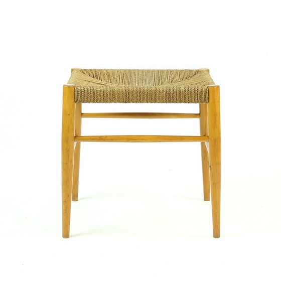 Image 1 of Tabouret du milieu du siècle en bois de chêne et corde, Tchécoslovaquie années 1960