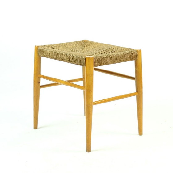 Image 1 of Tabouret du milieu du siècle en bois de chêne et corde, Tchécoslovaquie années 1960