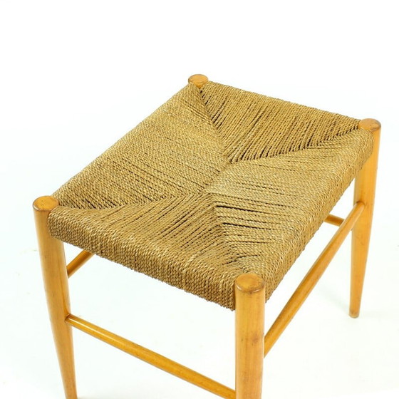 Image 1 of Tabouret du milieu du siècle en bois de chêne et corde, Tchécoslovaquie années 1960