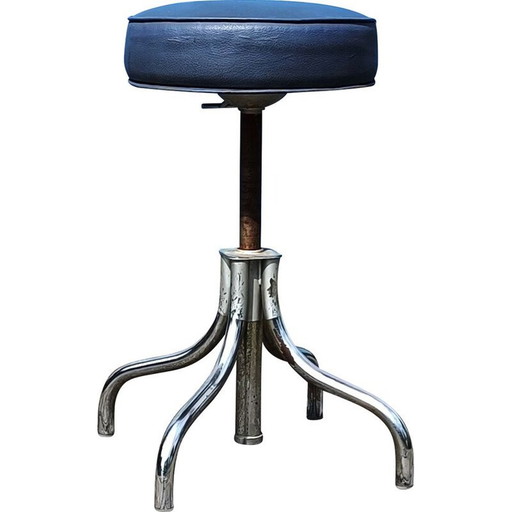 Tabouret d'atelier vintage en cuir bleu