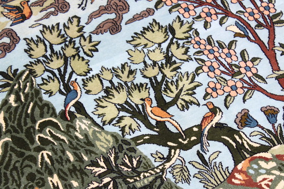 Image 1 of Kashmir original Noué à la main Soie pure sur soie Motifs de chasse 153 X 93 Cm Nouveau tapis