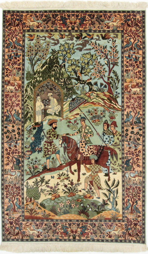 Kashmir original Noué à la main Soie pure sur soie Motifs de chasse 153 X 93 Cm Nouveau tapis