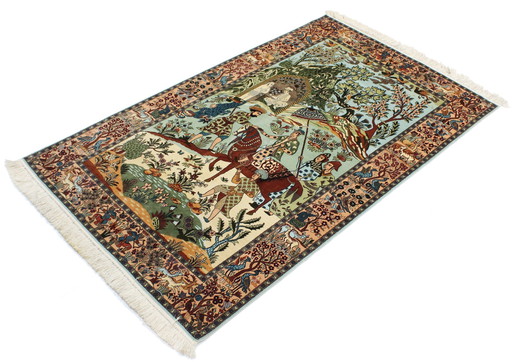 Kashmir original Noué à la main Soie pure sur soie Motifs de chasse 153 X 93 Cm Nouveau tapis